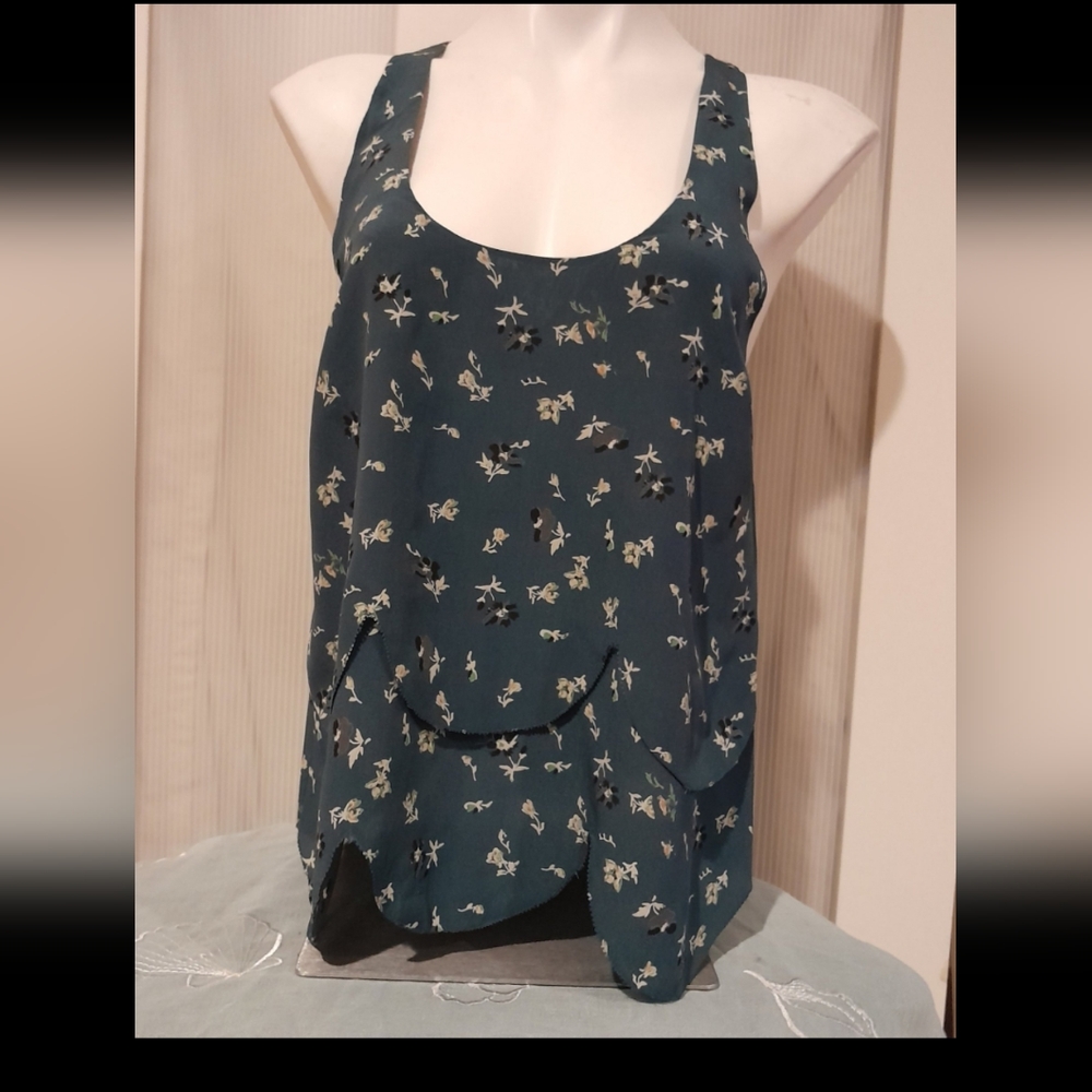 Joie -  100% silk designer aqua floral layered tank, Size small